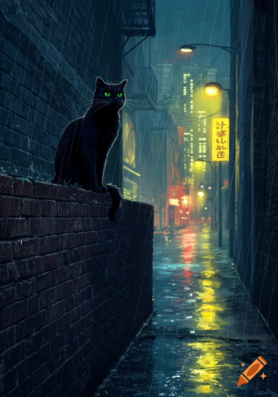 A black cat sits on a brick wall in a rainy city alley at night. Streetlights reflect on the wet ground.
