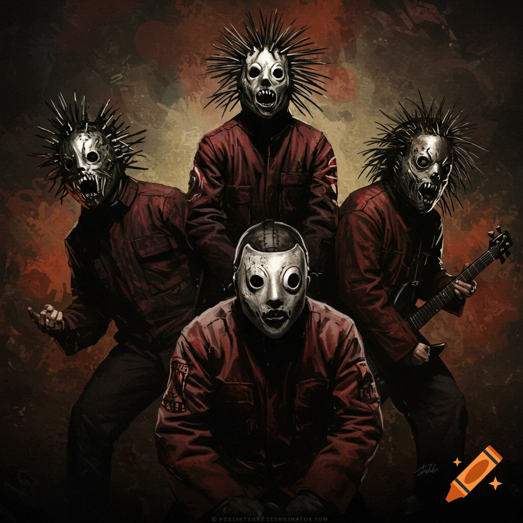 Four masked figures in red jumpsuits posed like a band, in a dark illustration style.