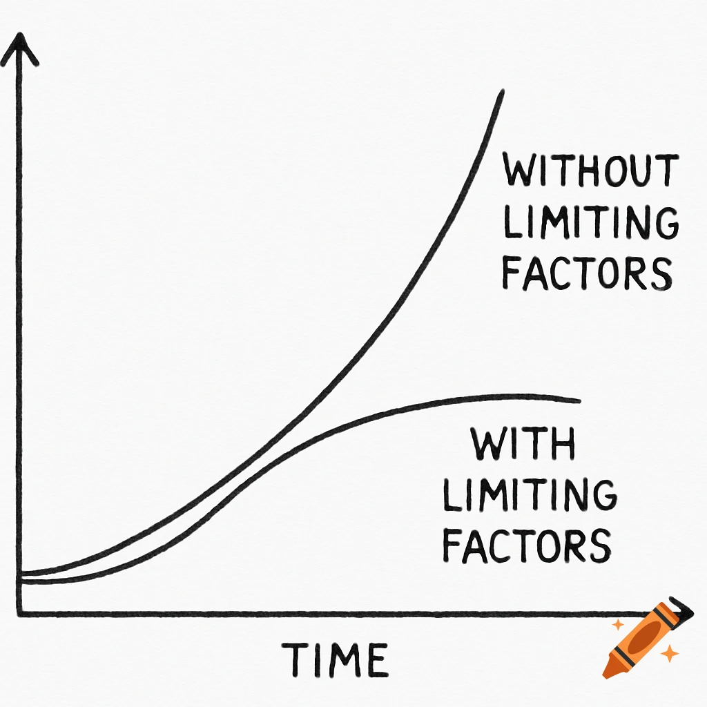 Sketch of a graph showing growth over time with and without limiting factors.