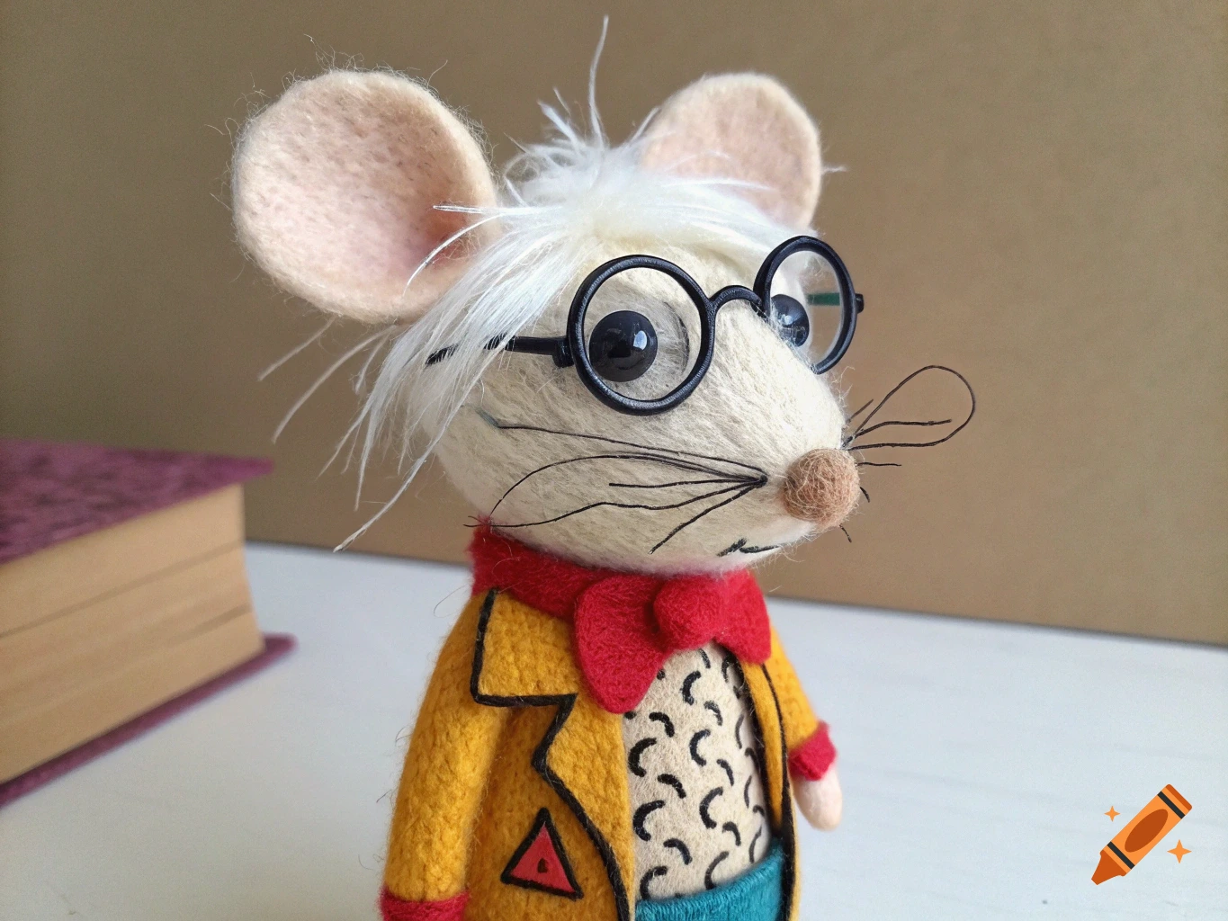 Needle felted mouse wearing a yellow coat, red bow tie, and round glasses
