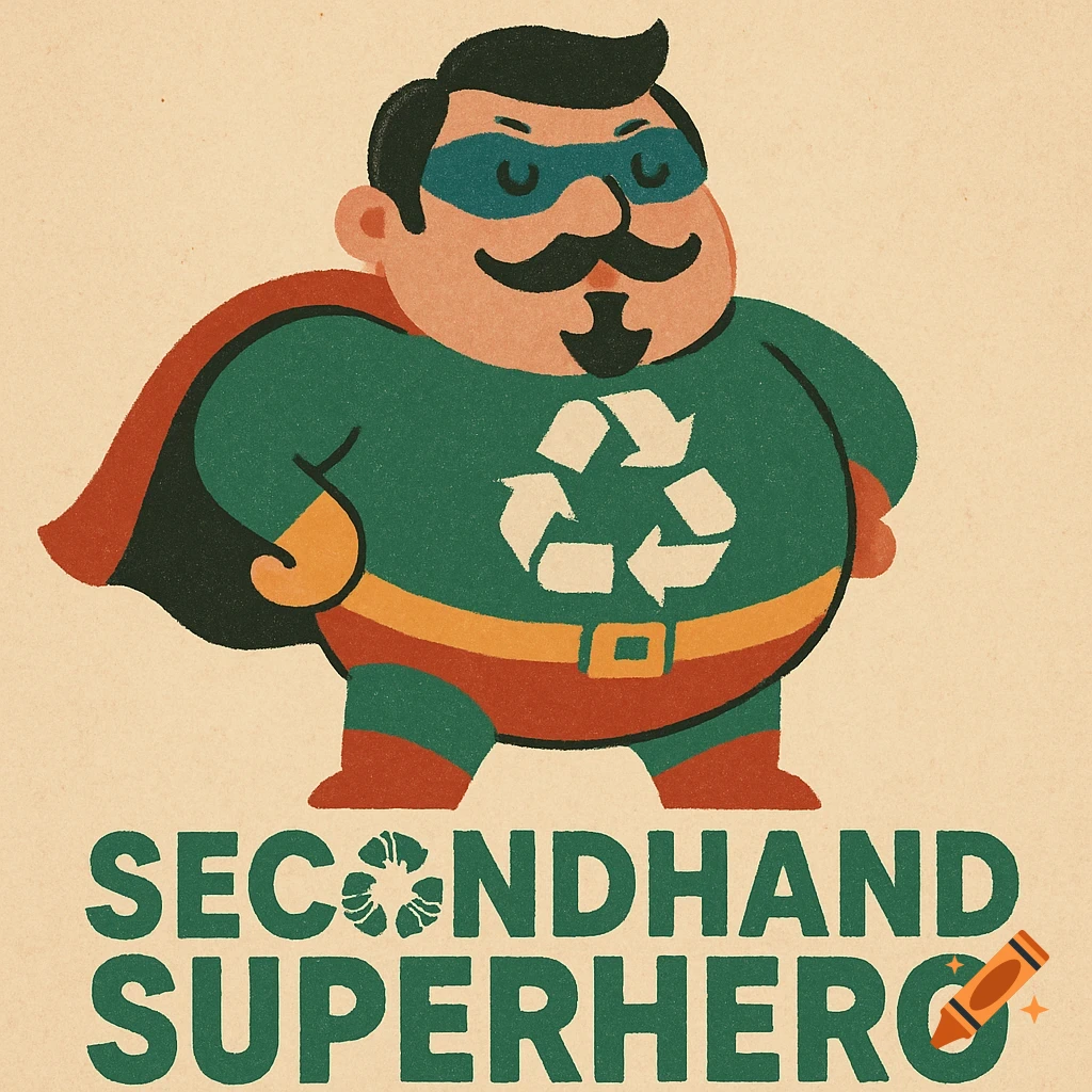 A chubby, stylized superhero with a mustache and recycling symbol on his chest, standing over text reading 'Secondhand Superhero'.