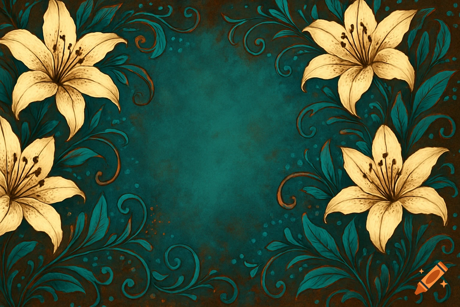 Background illustration with yellow lilies and teal floral scrolls on a textured teal and brown surface.