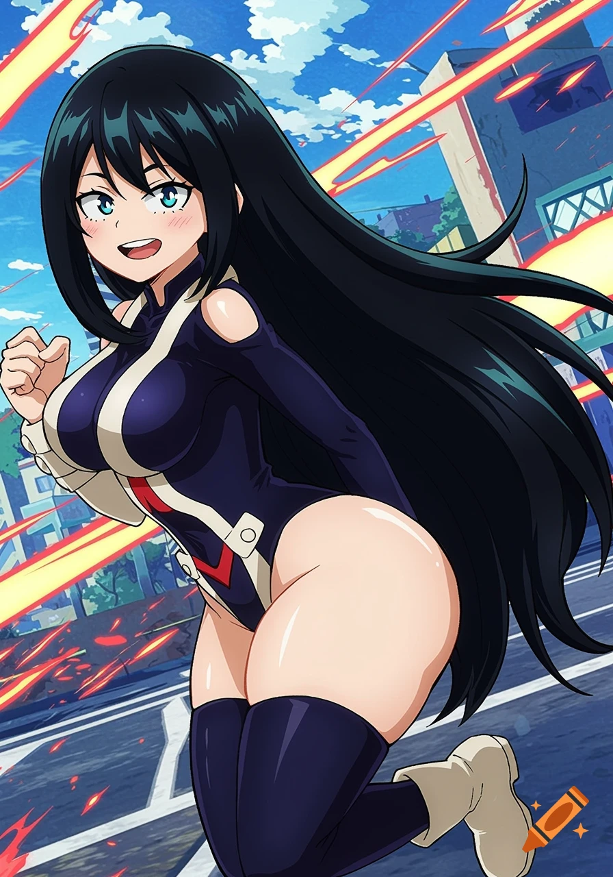 Anime woman in hero suit running in city