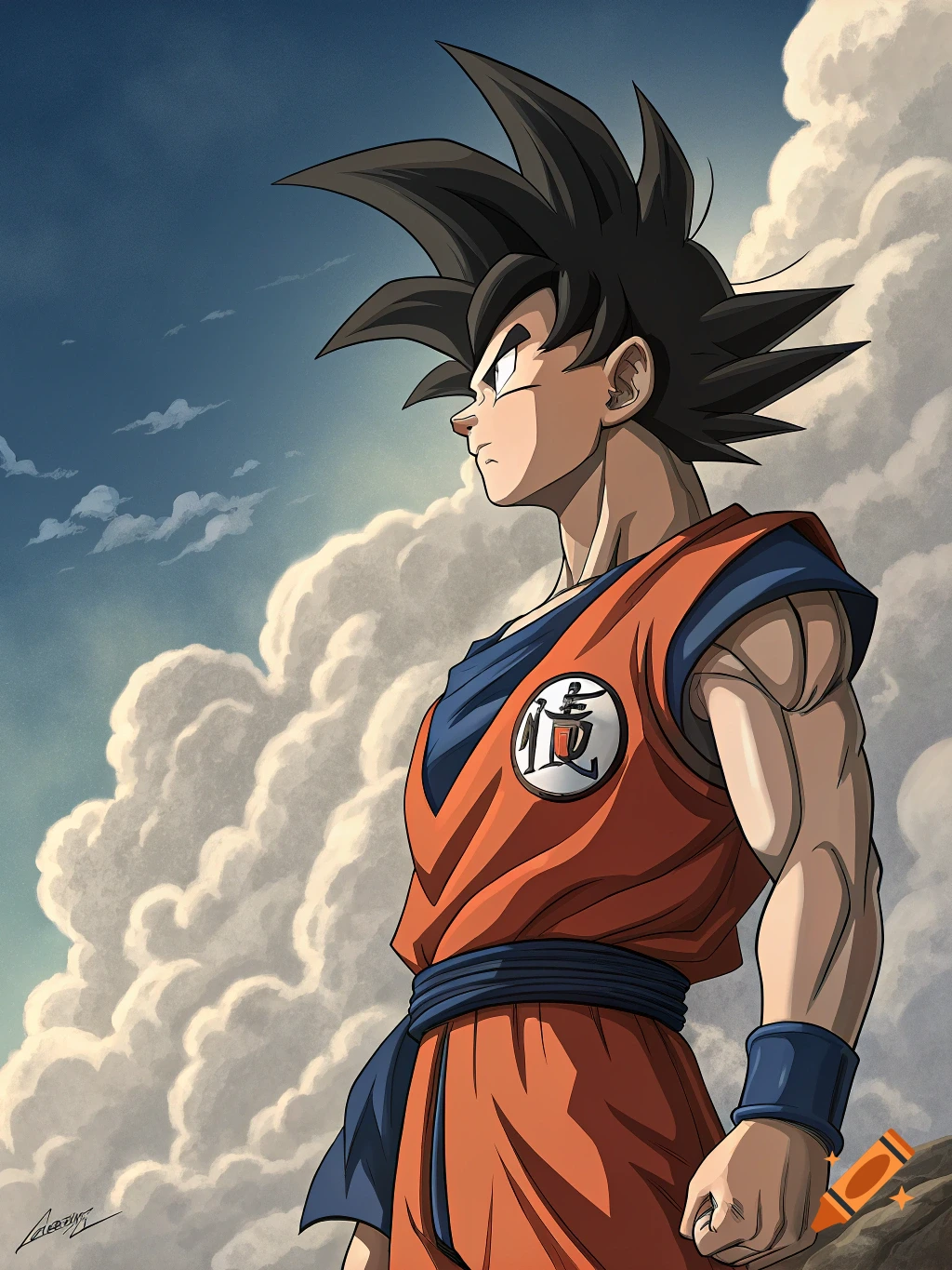 Anime illustration of Goku in his orange gi looking to the side against a cloudy sky