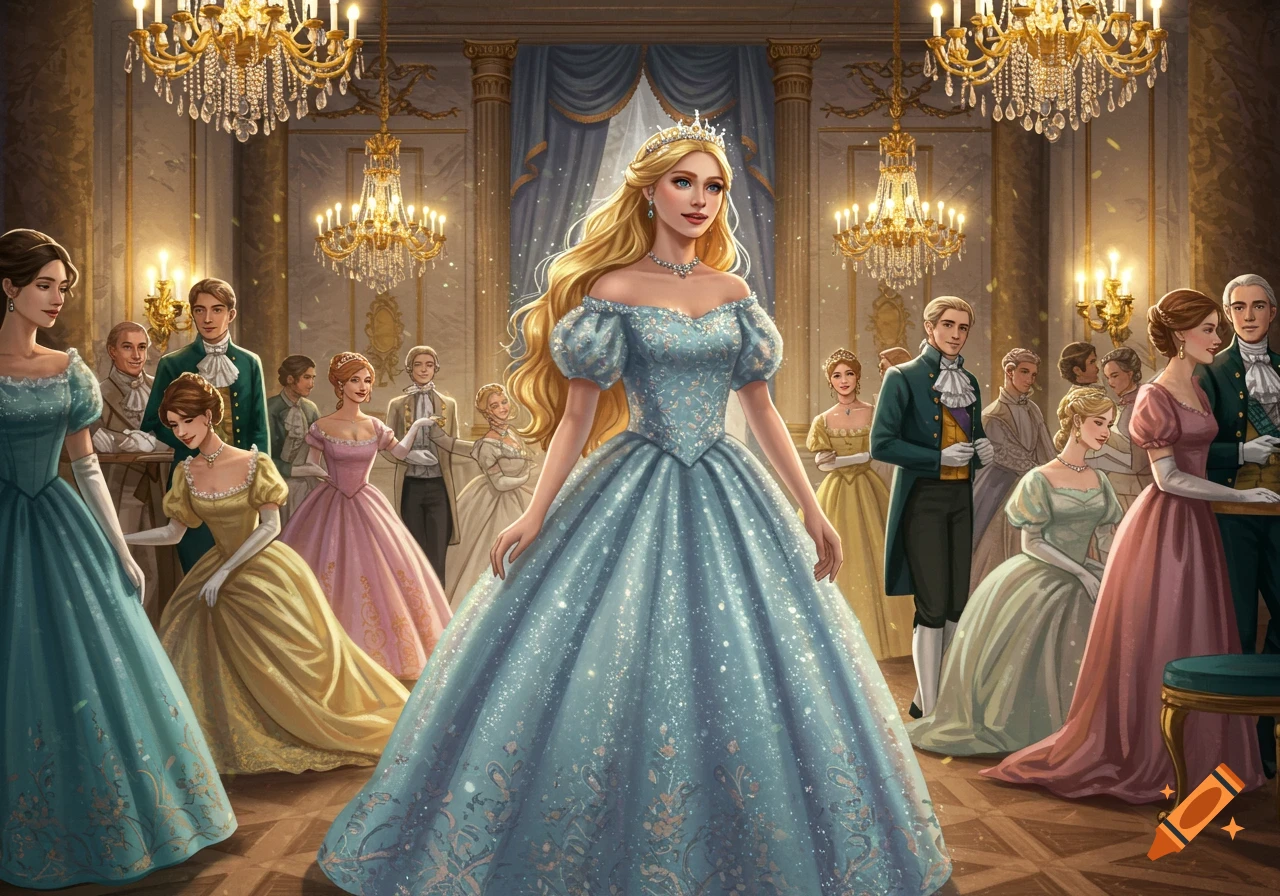 A blonde princess in a sparkling blue dress stands in a grand ballroom surrounded by people in formal attire.