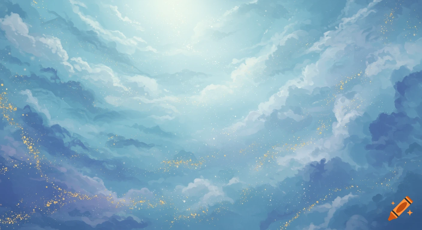 Stylized blue sky with clouds and golden sparkles.