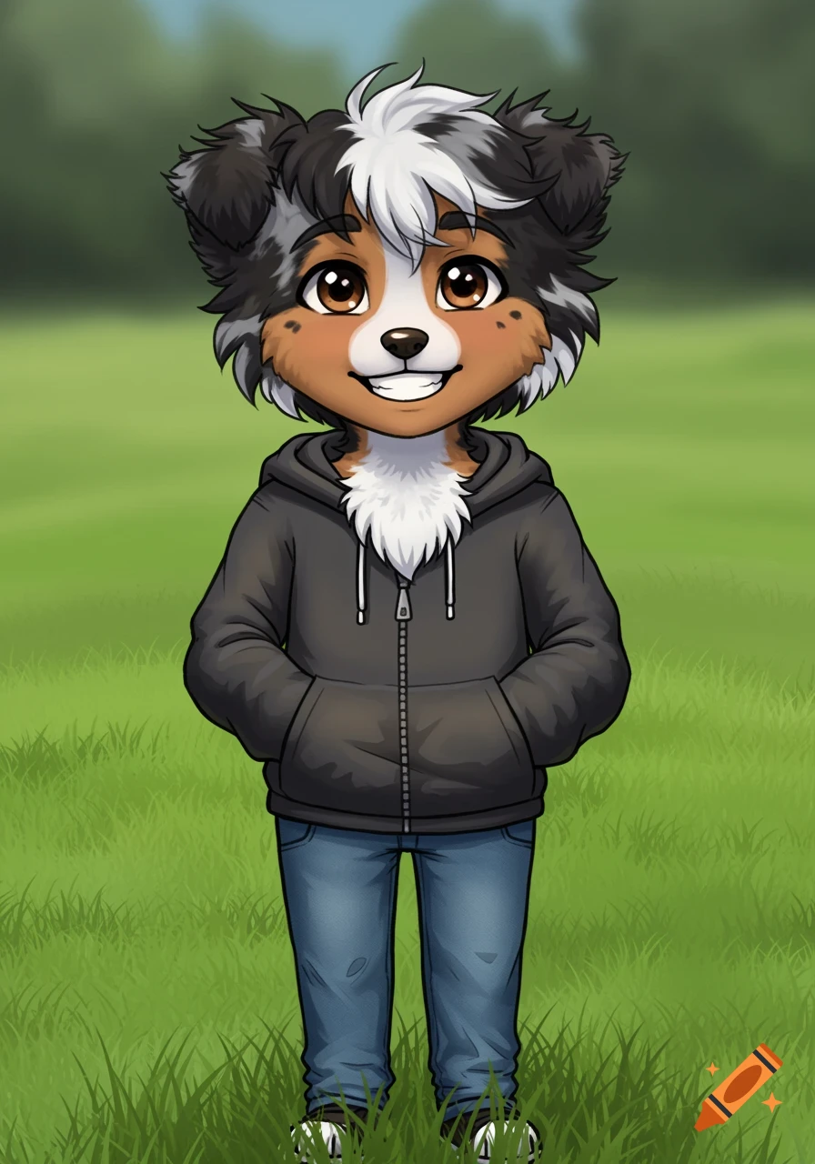 Cartoon anthropomorphic Australian Shepherd dog in a hoodie and jeans stands in a grassy field.