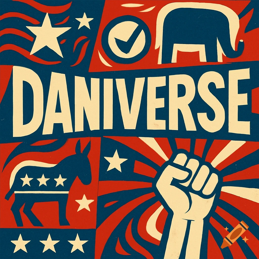Abstract political graphic with a donkey, elephant, stars, checkmark, and raised fist surrounding the word "DANIVERSE" in red, white, and blue.