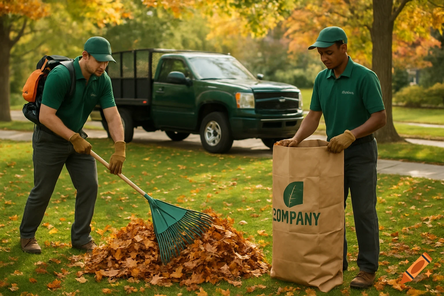 Two lawn care workers rake leaves into a bag next to a truck in an autumn yard.