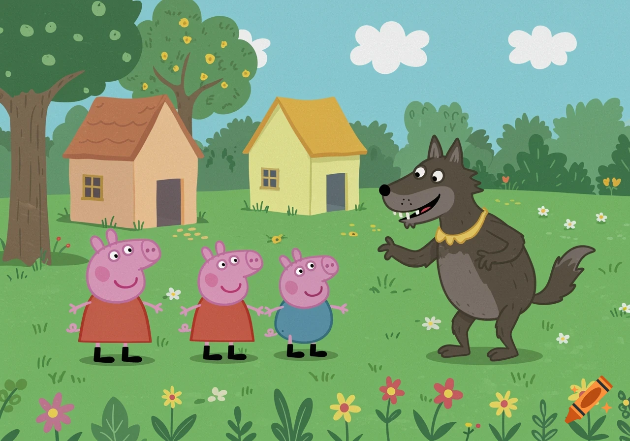 Cartoon image of three pig characters standing in a field with a wolf.