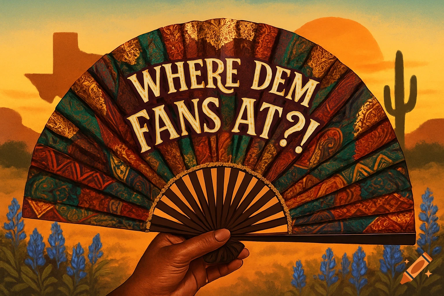 A hand holds a decorative fan with text 'WHERE DEM FANS AT?!' in a Texas desert landscape with bluebonnets at sunset.