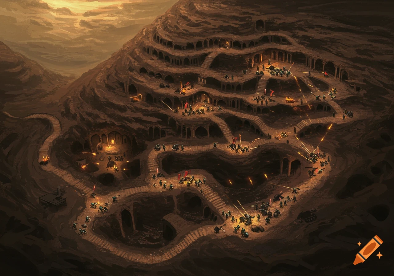 Overhead view of a battle map resembling an ant hill underground city, with forces fighting on winding paths and terraces.