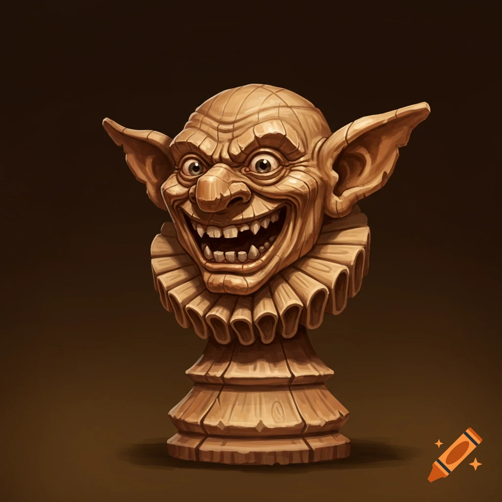 Wood carving of a grinning goblin head chess piece with a ruffled collar.