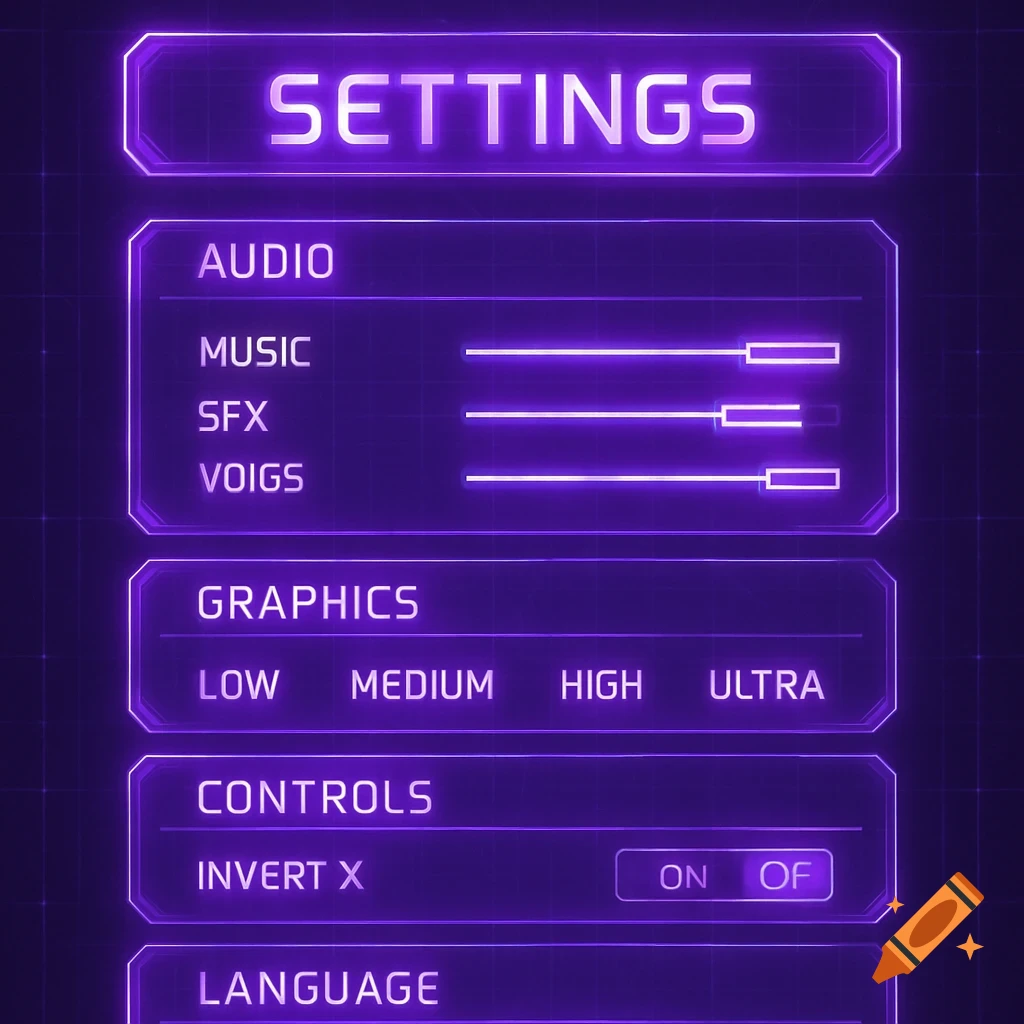 A futuristic purple holographic user interface for game settings with options like audio, graphics, and controls.