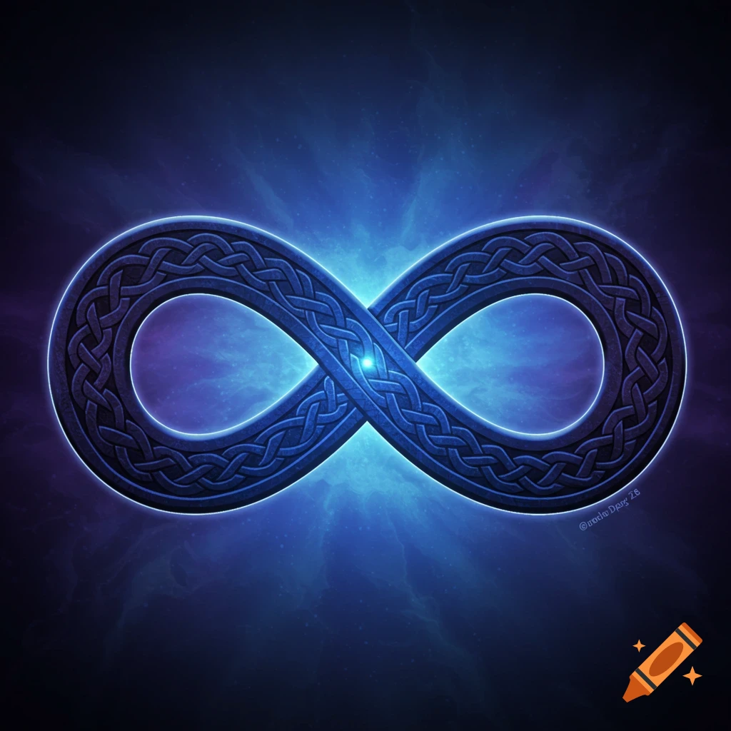 A blue Celtic knot forms an infinity symbol against a glowing blue and purple misty background.