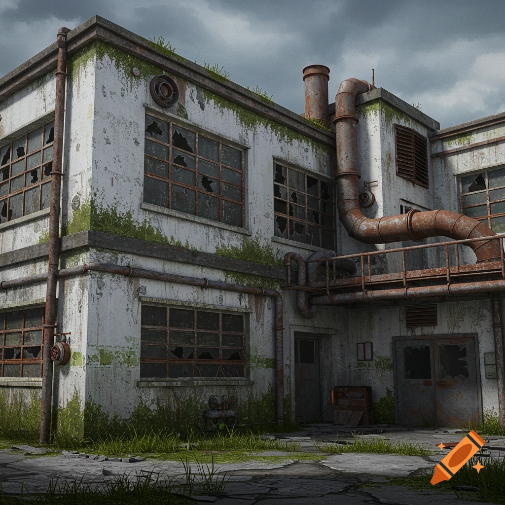 A run down abandoned laboratory building with broken windows and rusty ...