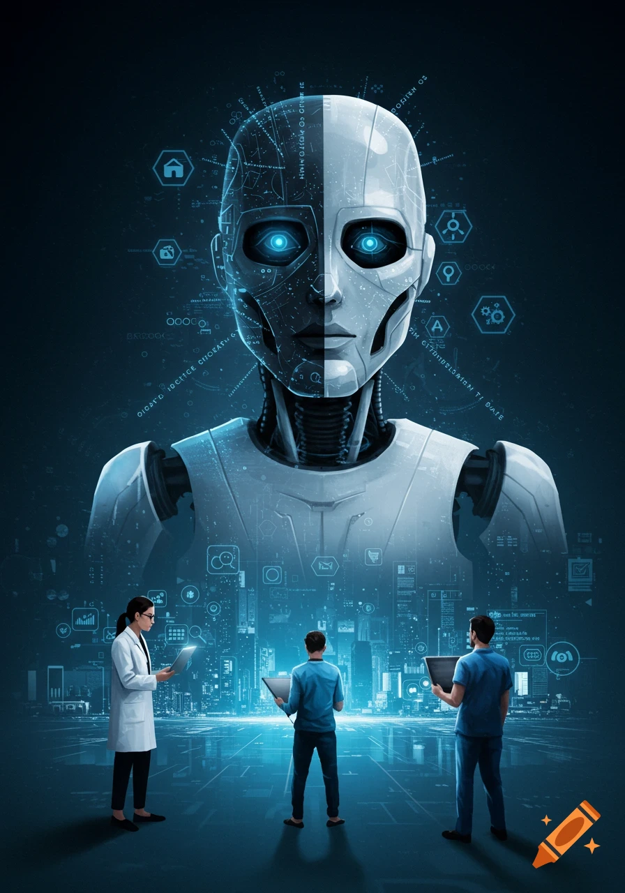Large robot head looms over people looking at data in a futuristic city with technology icons.