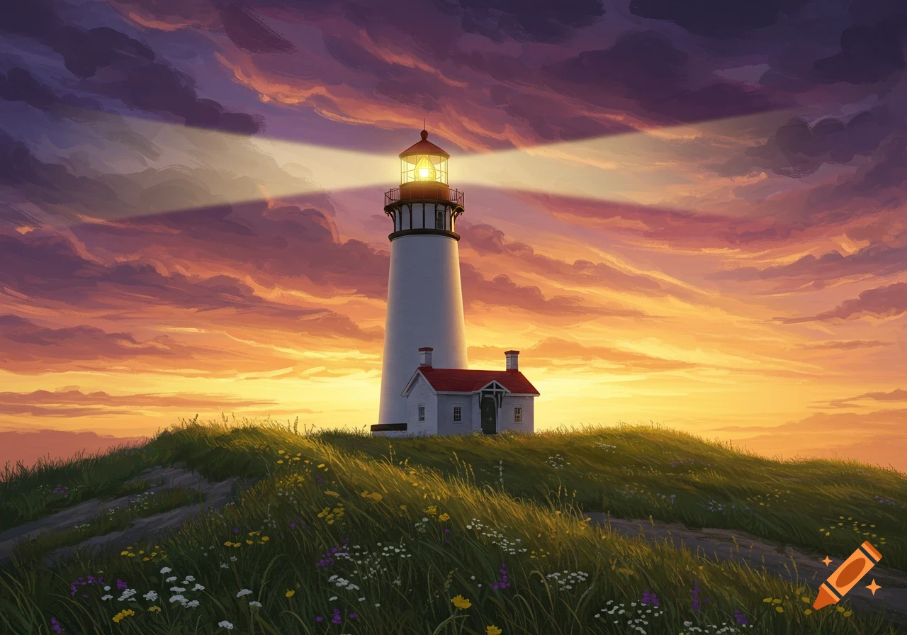 A lighthouse and house on a grassy hill at sunset, digital painting.