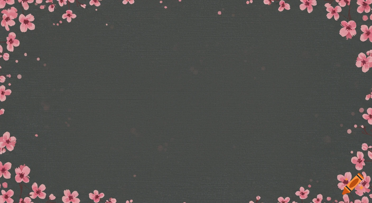 A dark gray background with pink cherry blossoms on the top and bottom edges.