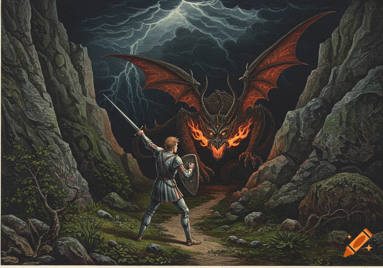 Illustration of a knight fighting a winged dragon in a dark, stormy ...