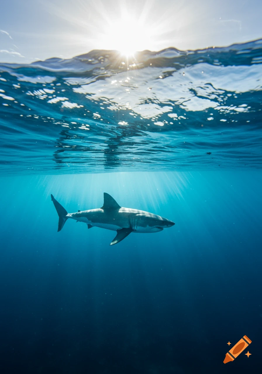 A shark swims underwater with sunlight filtering from the surface.