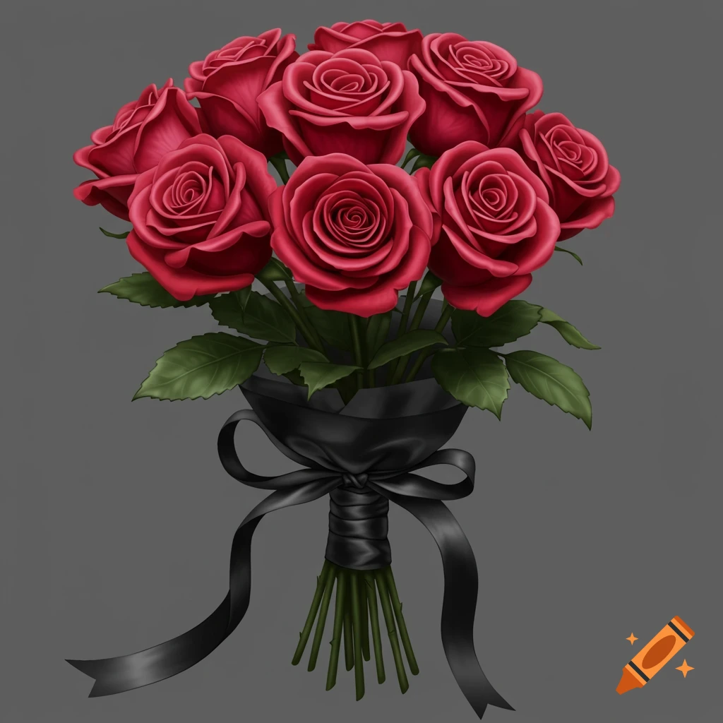 A bouquet of red roses wrapped in black paper and tied with a black ribbon against a gray background.