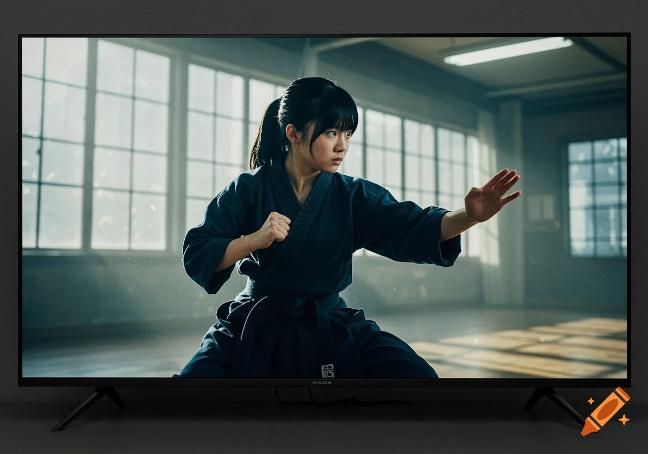 A young woman in a dark martial arts uniform performs a pose on a TV screen showing a dojo.
