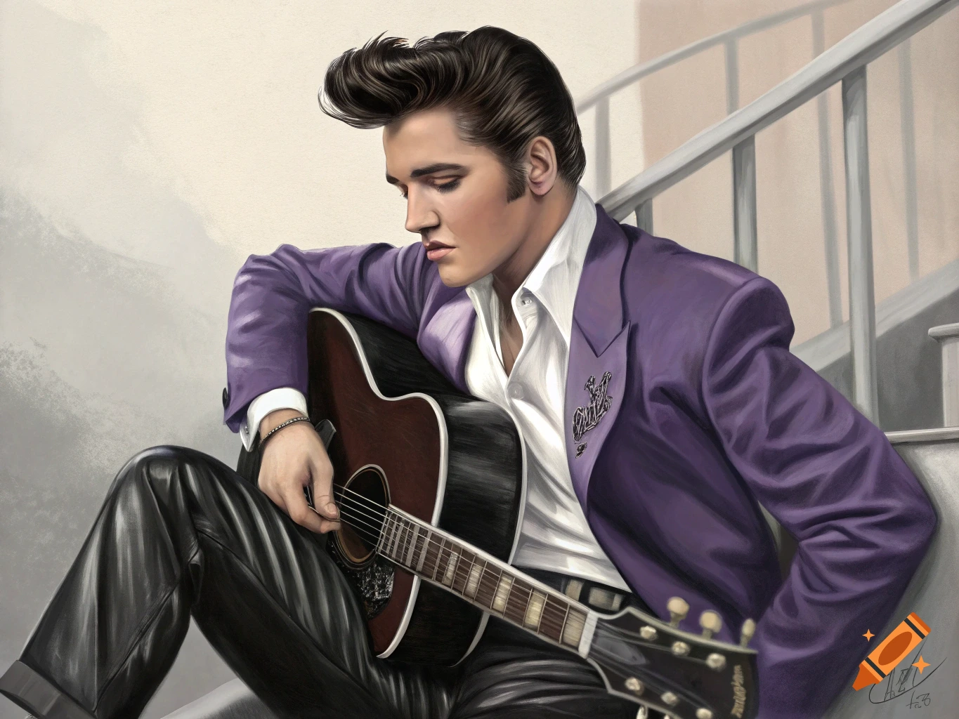 Illustration of Elvis Presley sitting on stairs with a guitar, wearing a purple jacket.