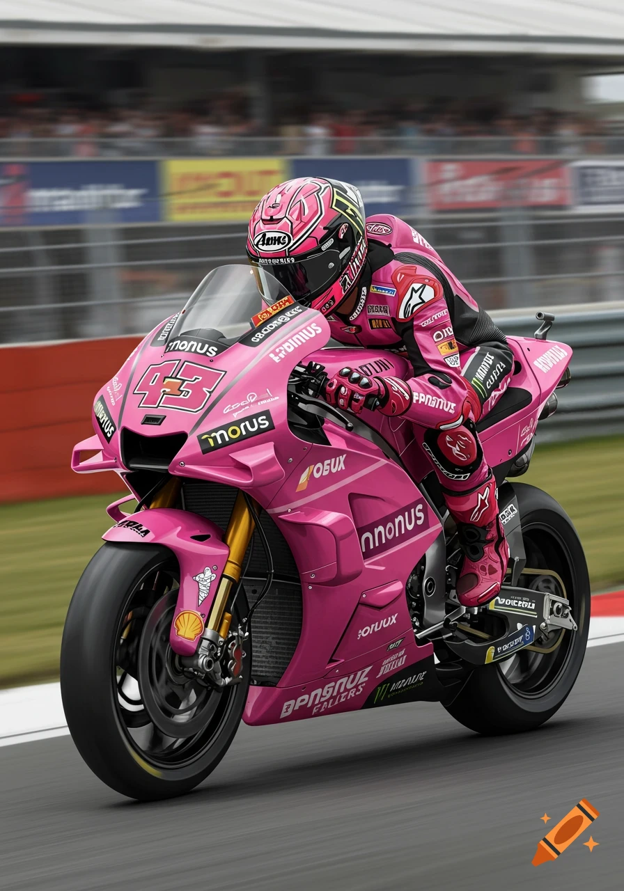 A pink motorcycle racer speeding on a track.