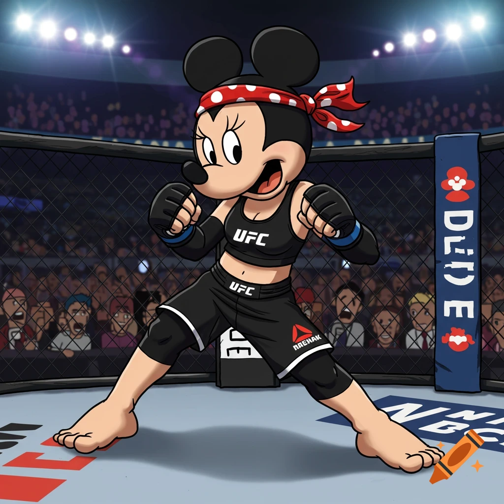 Cartoon Minnie Mouse in an MMA cage wearing fighting gear