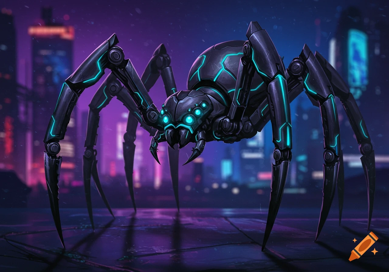 A detailed robot spider with blue glowing accents stands in a cyberpunk city at night.