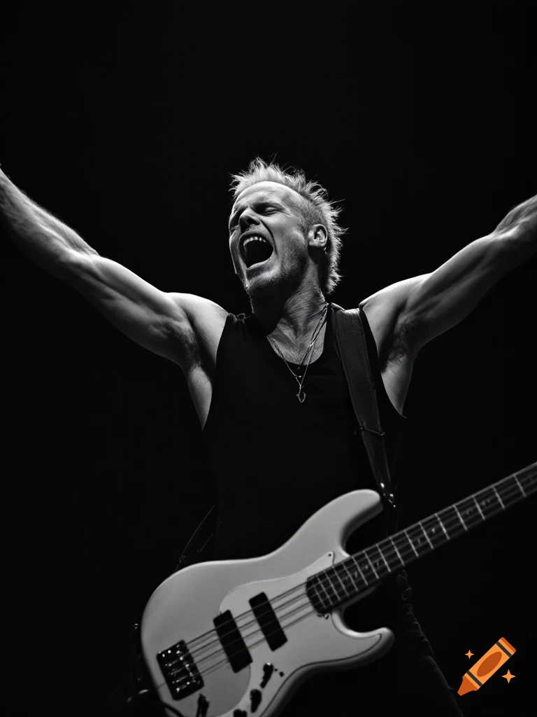 Black and white photo of a bassist on stage with arms raised.