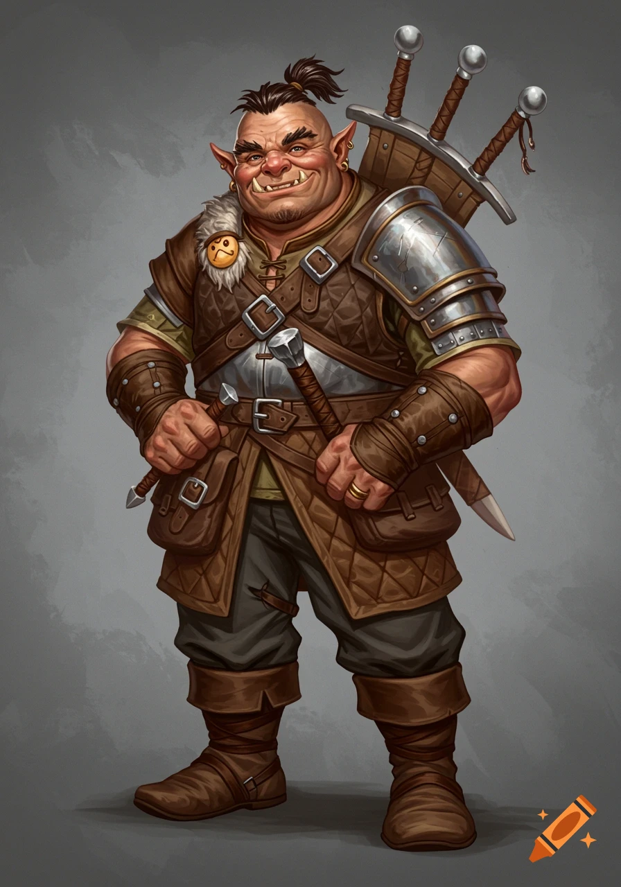 Illustrated half-orc warrior in leather and metal armor with swords on his back, smiling.