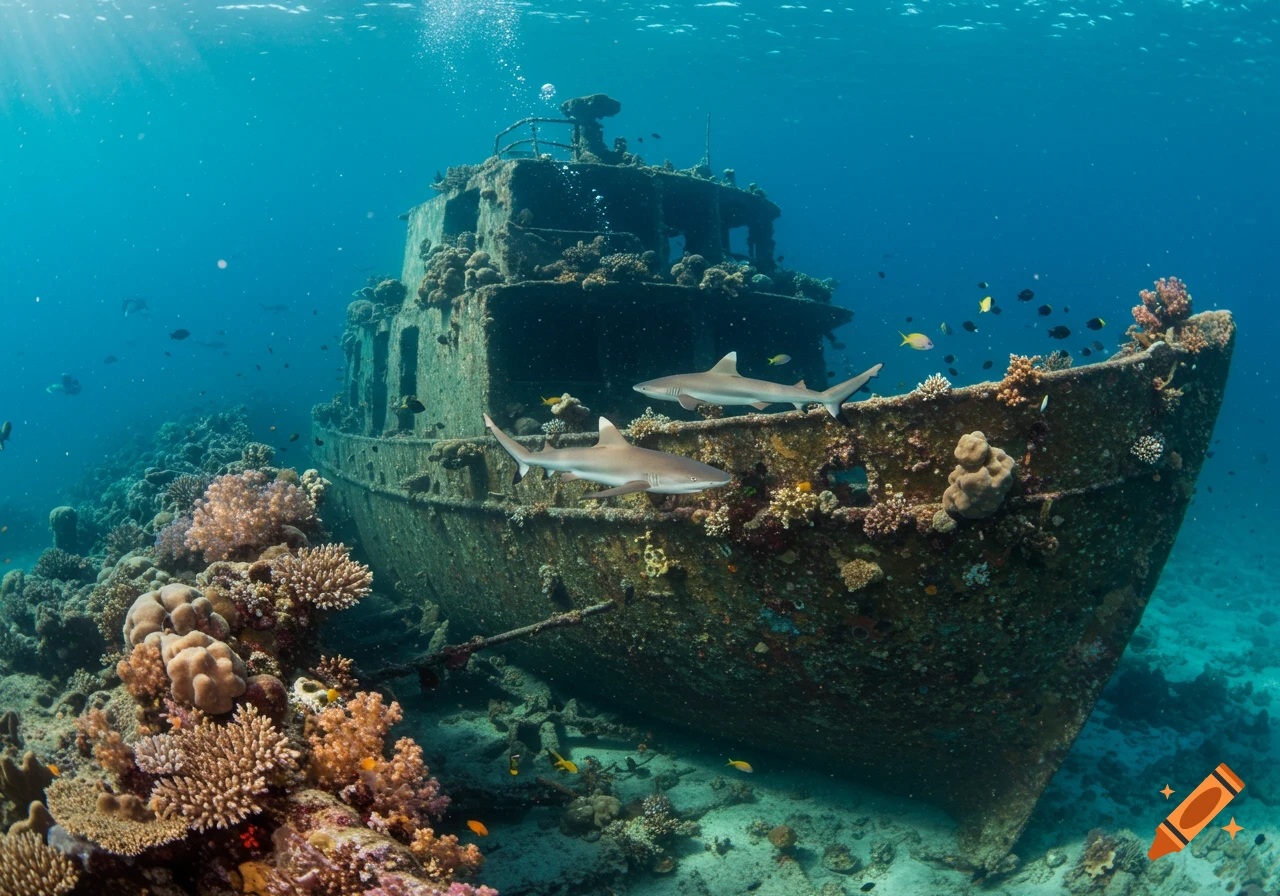 Underwater photo of sharks swimming near a coral-covered shipwreck.