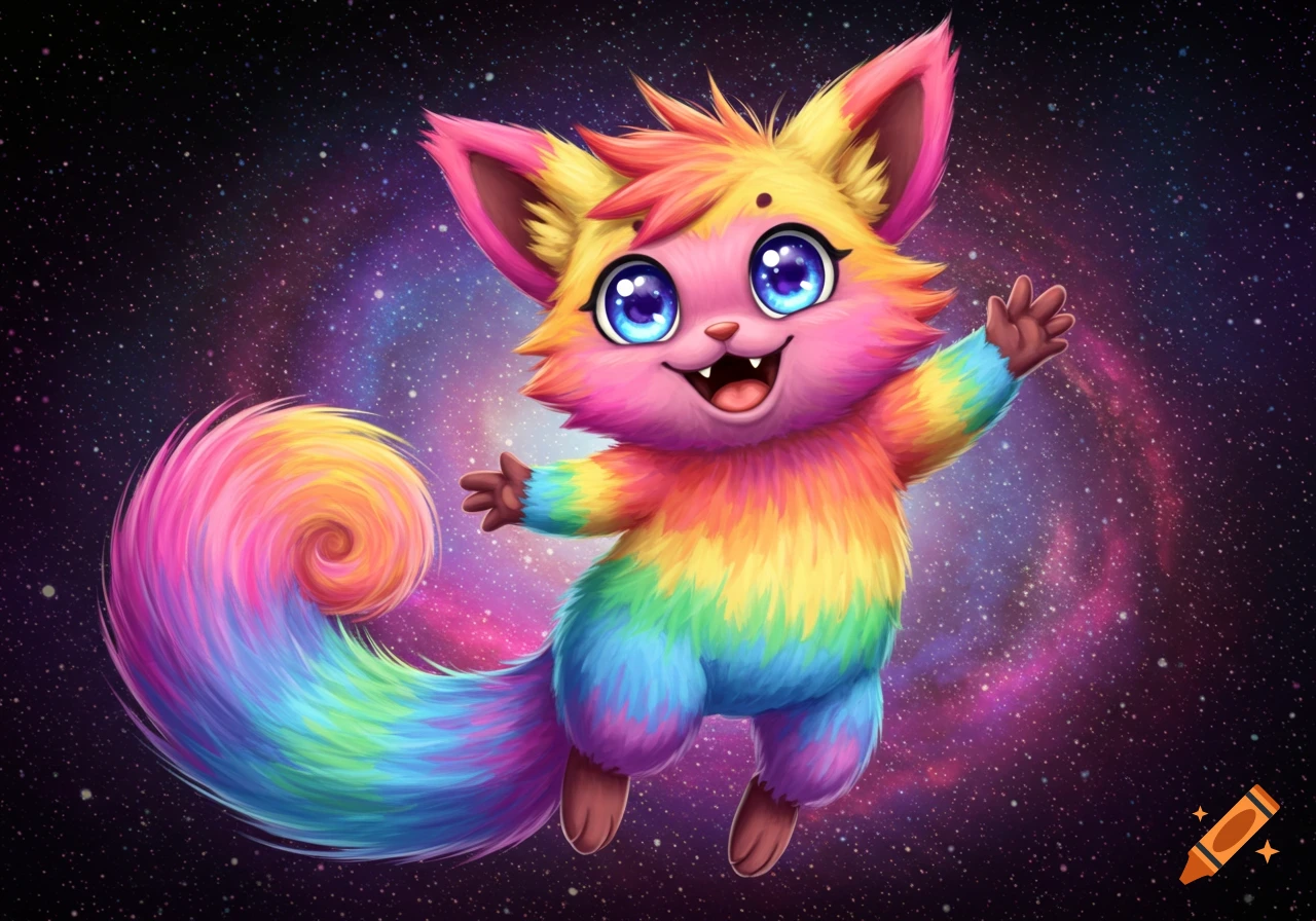 A cute, fluffy, rainbow-colored creature with big blue eyes floats in front of a colorful galaxy background.