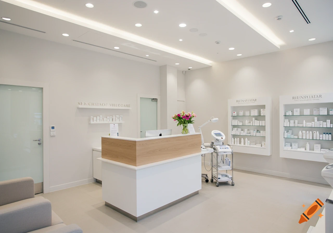 Interior view of a modern skincare salon reception area with a desk and product displays.