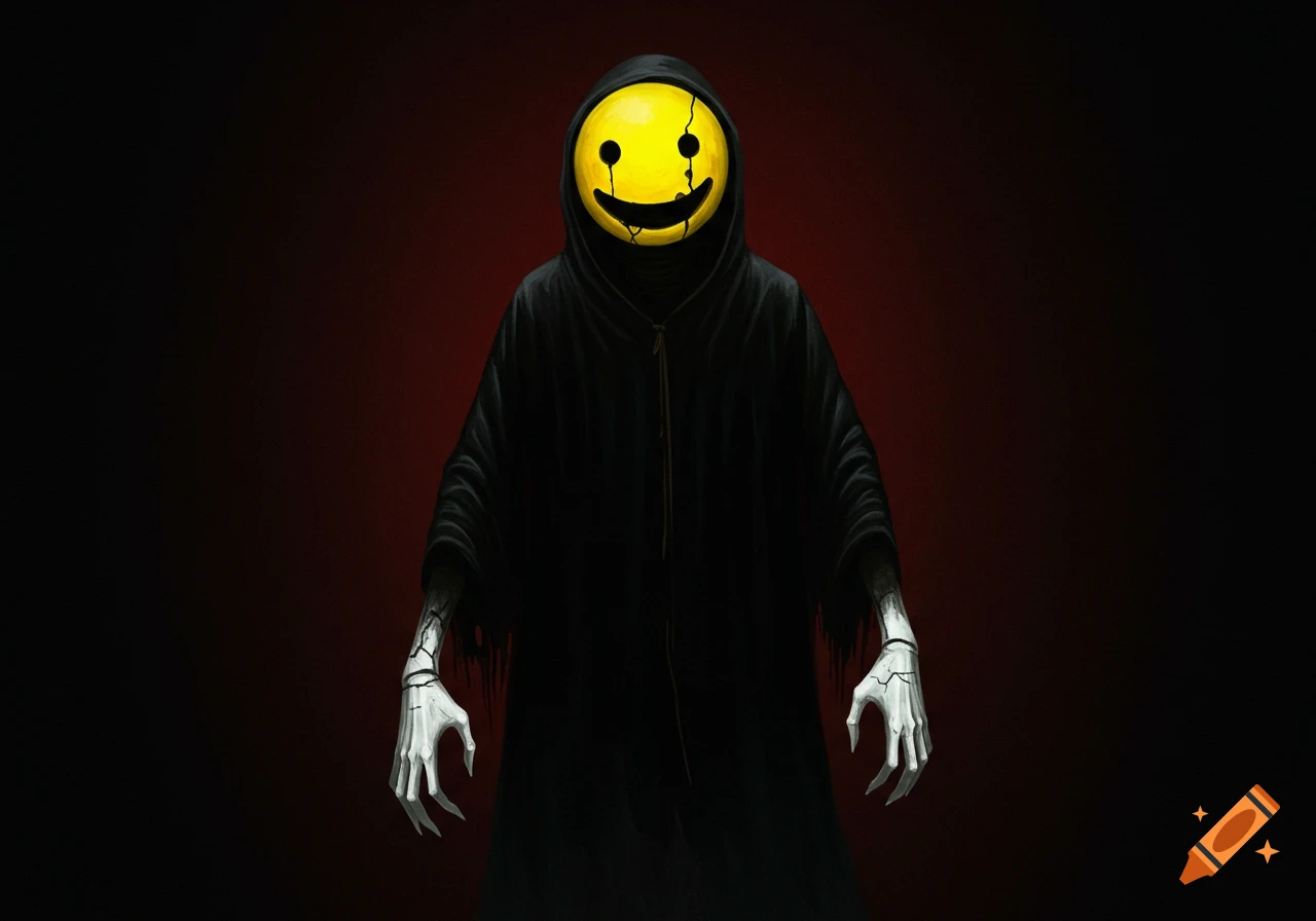 Spooky figure in black robe with cracked smiley mask and skeletal hands.