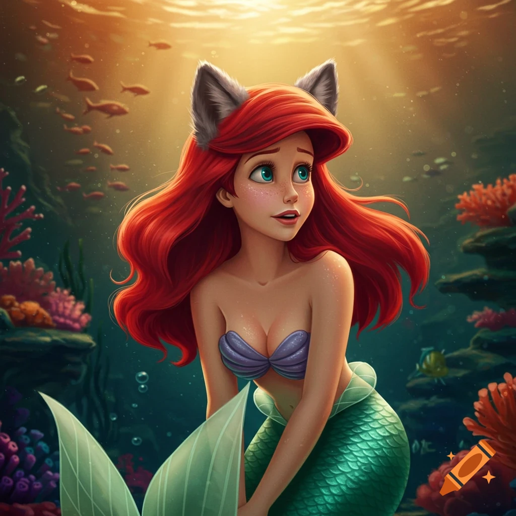 An anime-style illustration of Ariel the mermaid with wolf ears underwater.