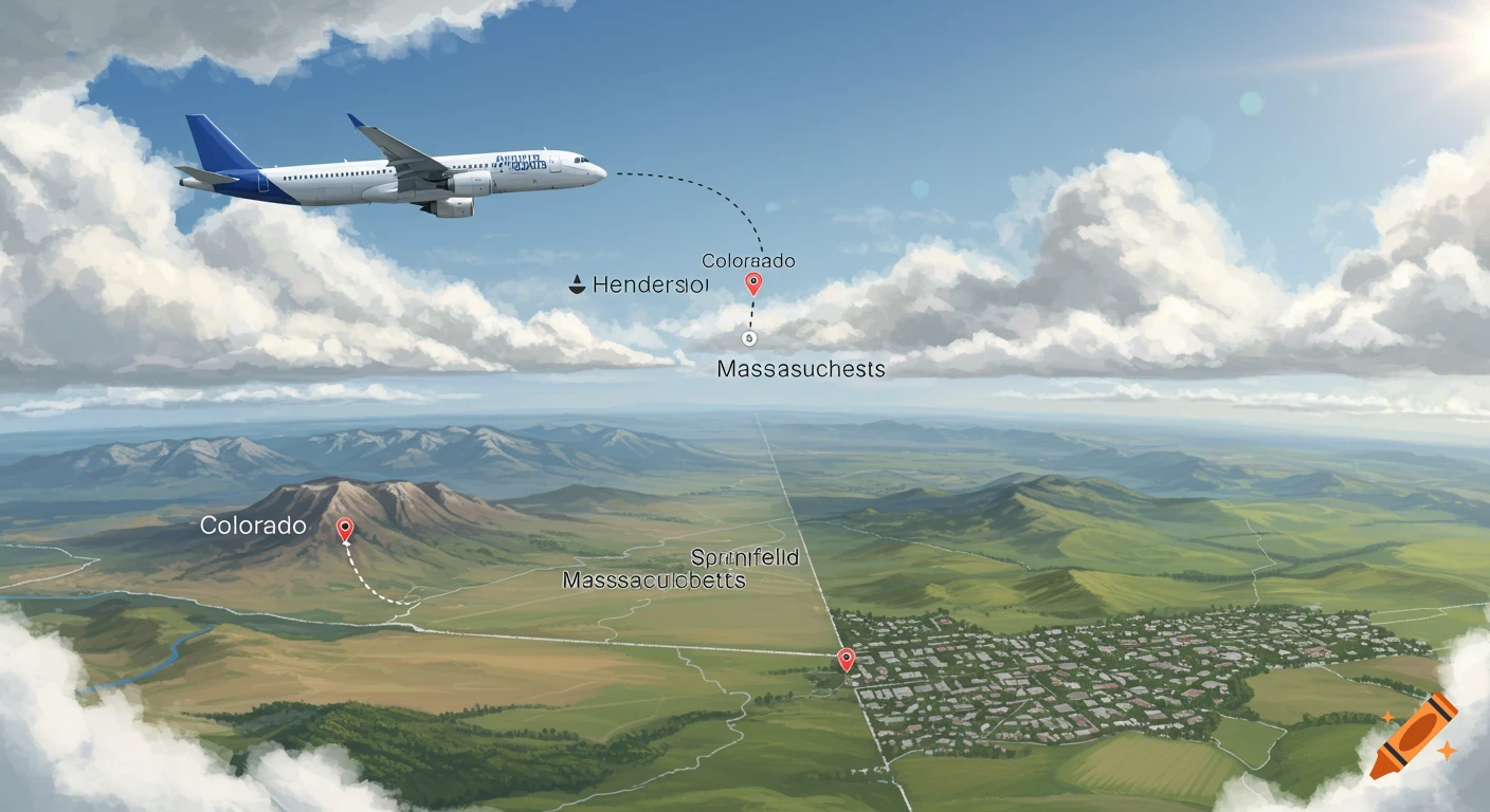 Airplane flying over a landscape with map markers and lines showing travel between locations.