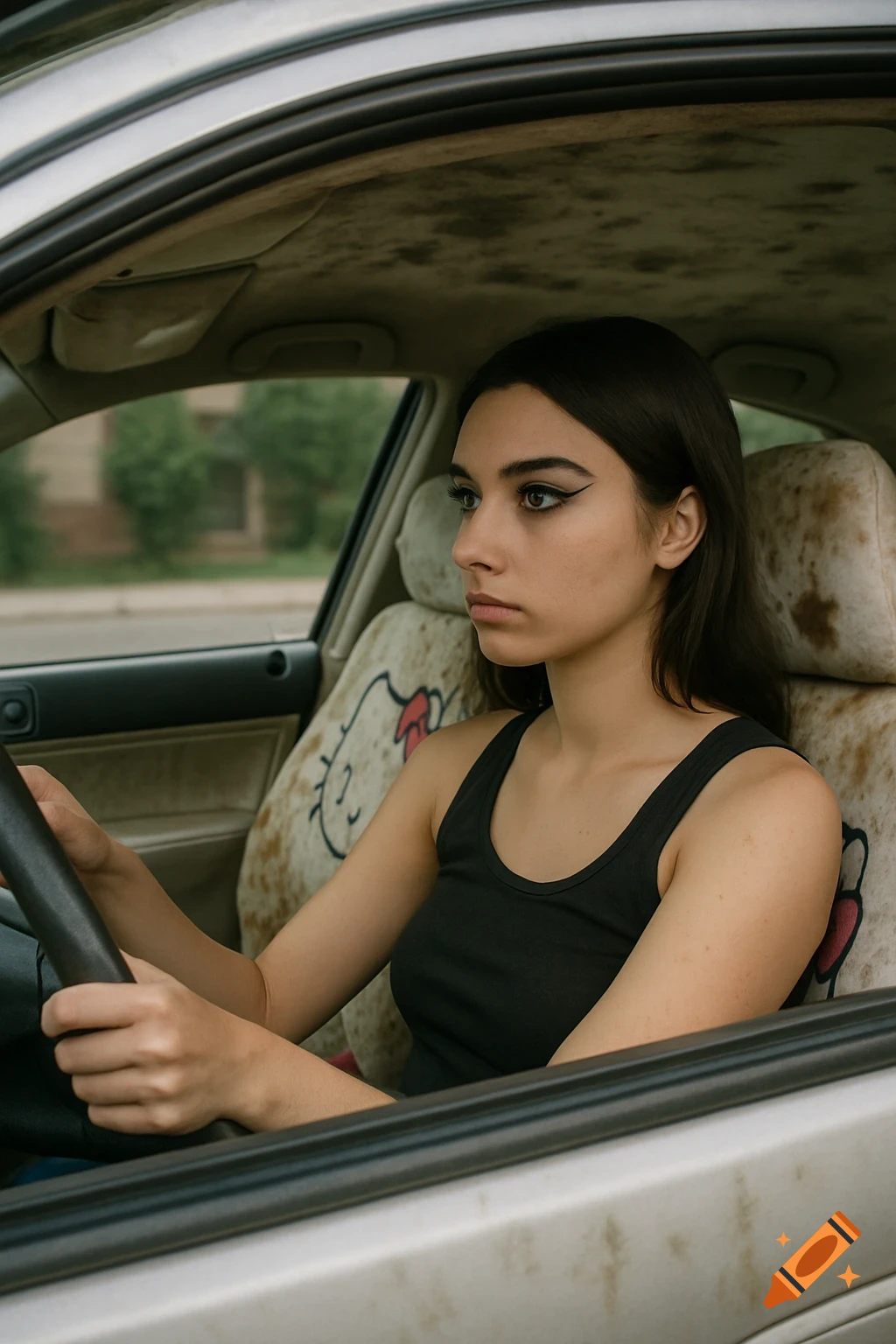 Young woman with cat eye makeup driving a car with stained Hello Kitty seat covers.