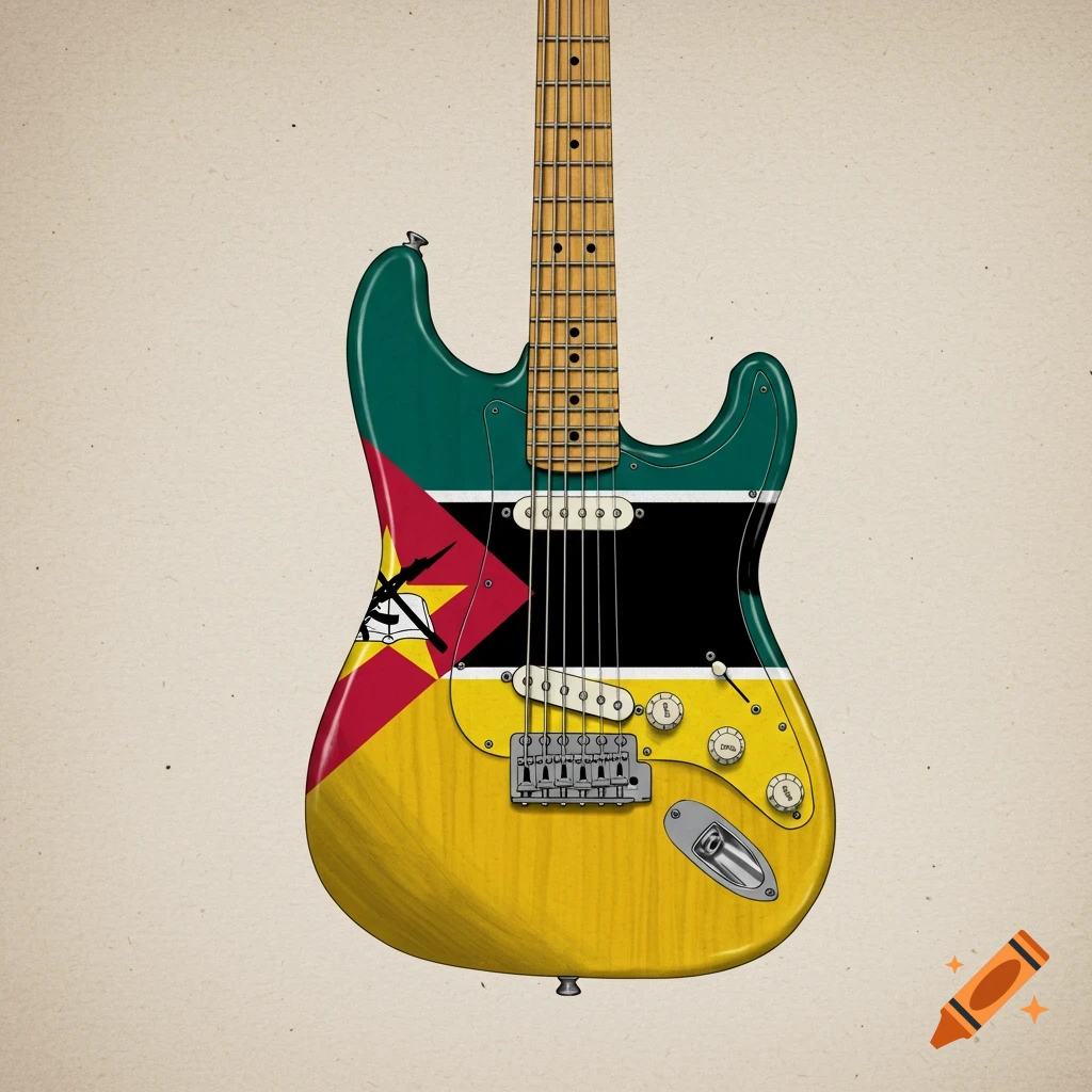 Illustration of a Stratocaster guitar body painted with the flag of Mozambique.