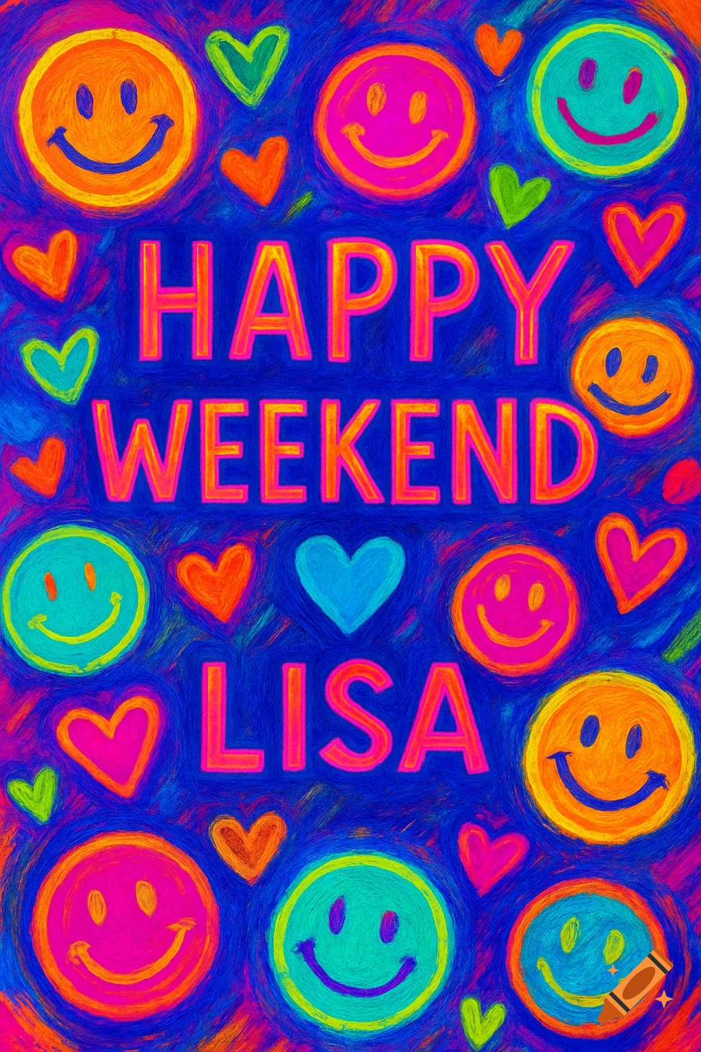 Brightly colored drawing of smiley faces and hearts with the text 'HAPPY WEEKEND LISA'.