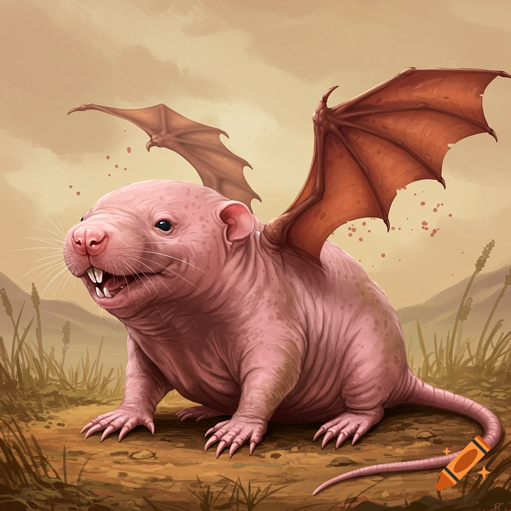 A creature resembling a naked mole rat with red dragon wings sits on the ground in a dry field.