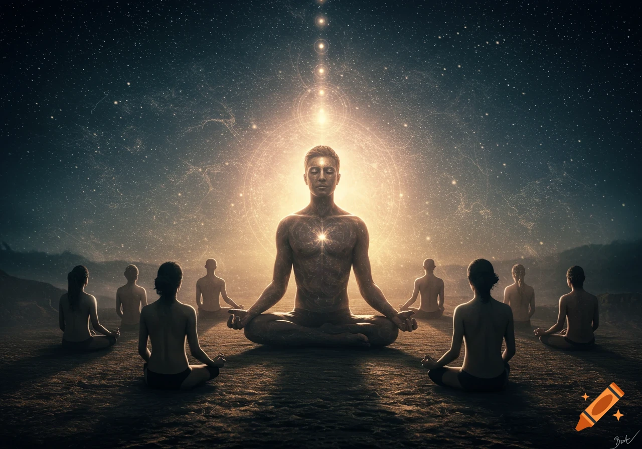 People meditating under a starry sky with a central bright light.