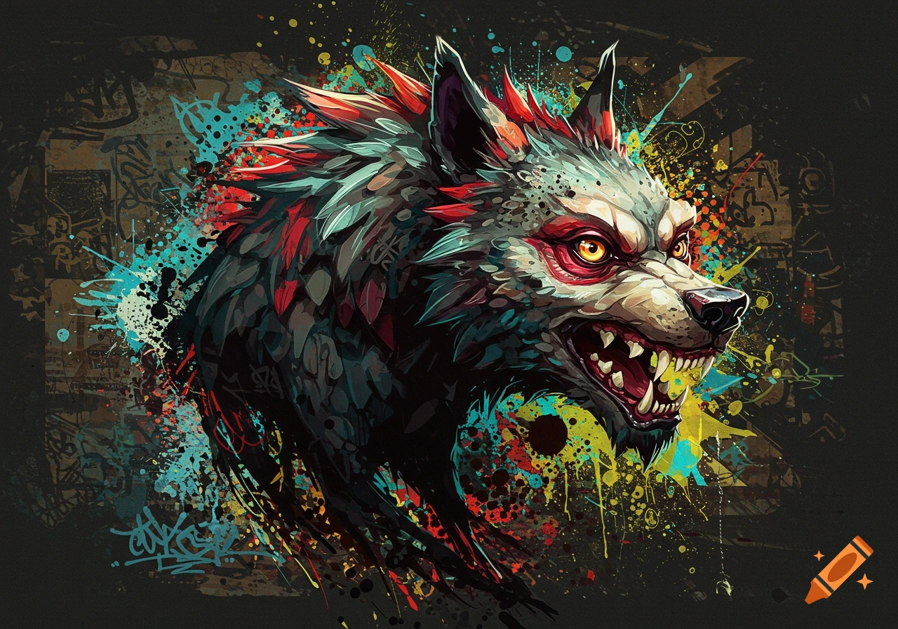 Stylized grunge illustration of a snarling wolf head with colorful paint splatters and background graffiti.