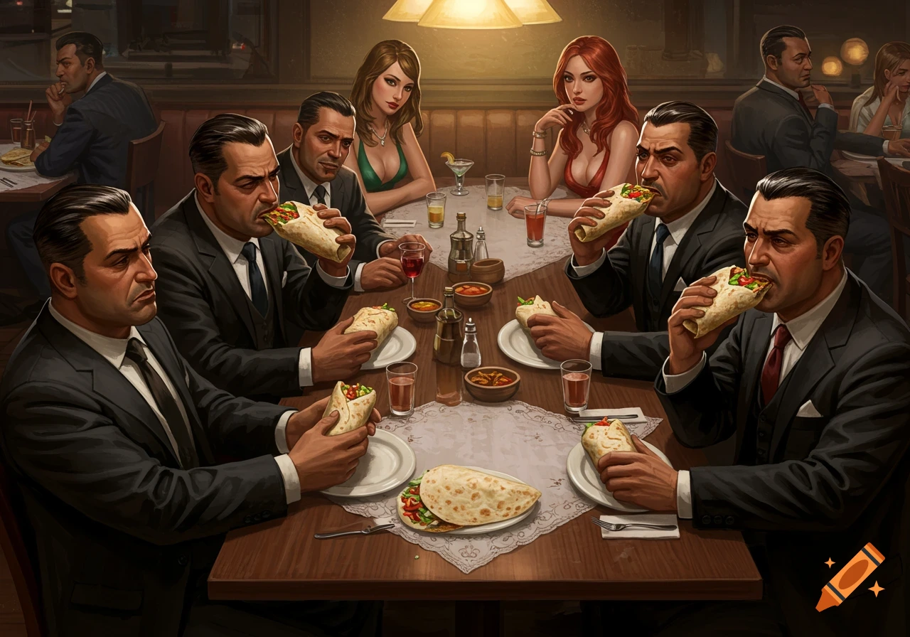Illustration of men in suits and women eating burritos at a table in a restaurant.