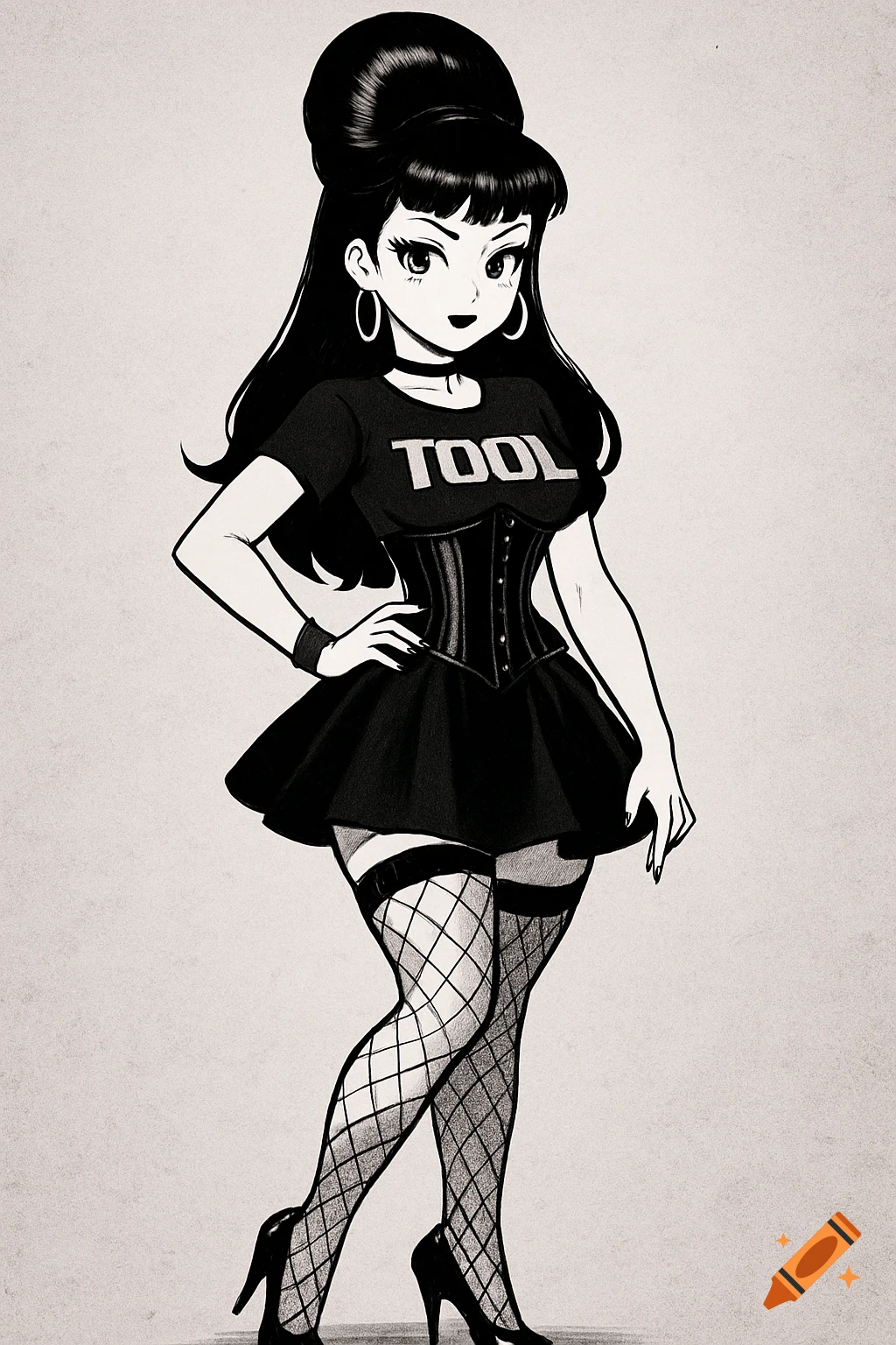 Anime style goth pinup girl with beehive hair, wearing a TOOL t-shirt, corset, skirt, fishnets, and heels.