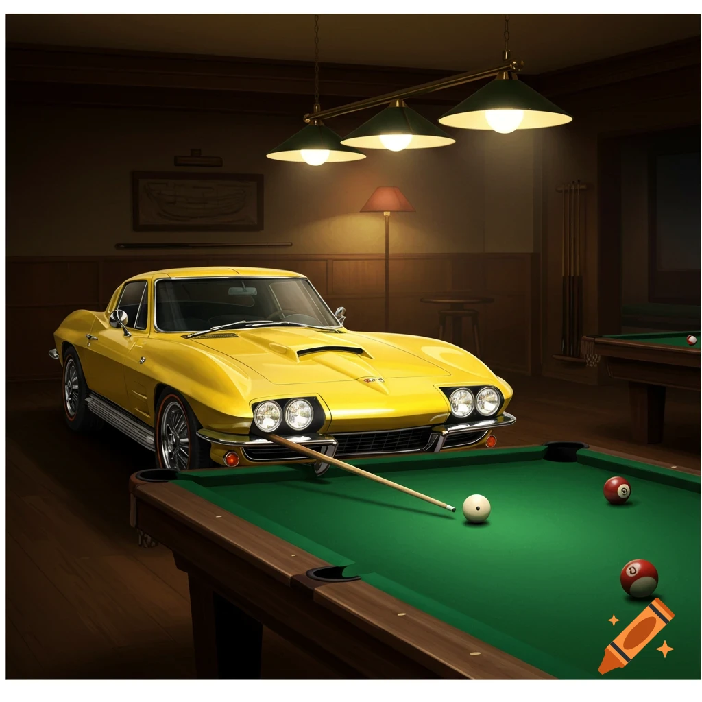 A yellow Corvette parked on a pool table with pool balls and a cue stick in a dimly lit room.
