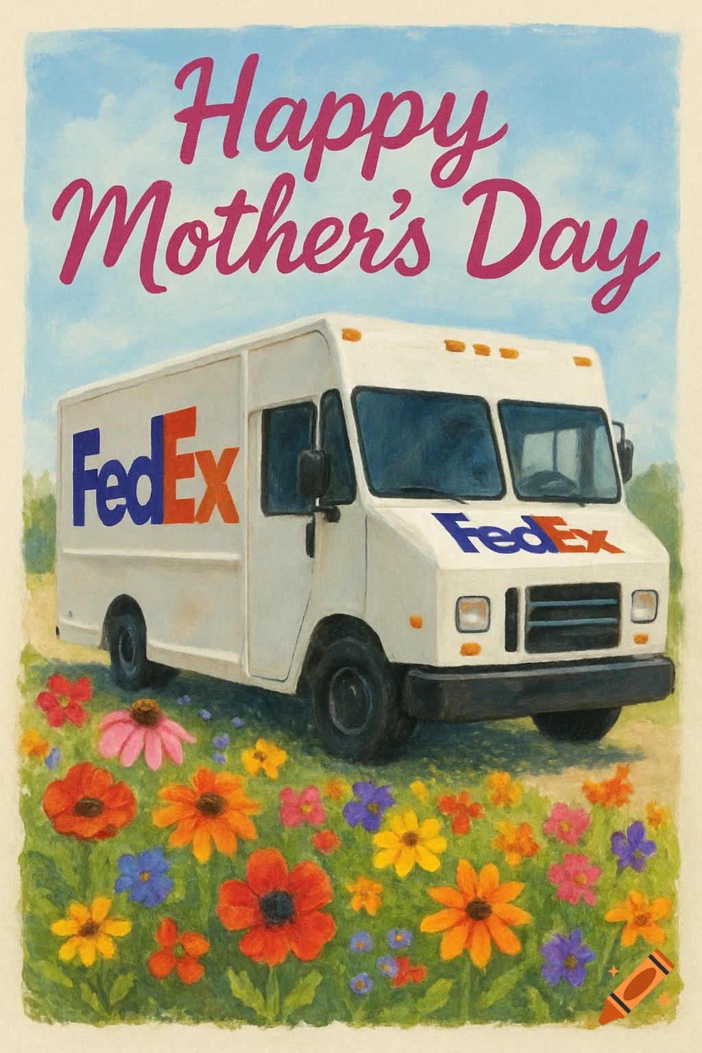 Mother's Day card illustration with a FedEx truck surrounded by colorful flowers under "Happy Mother's Day" text.