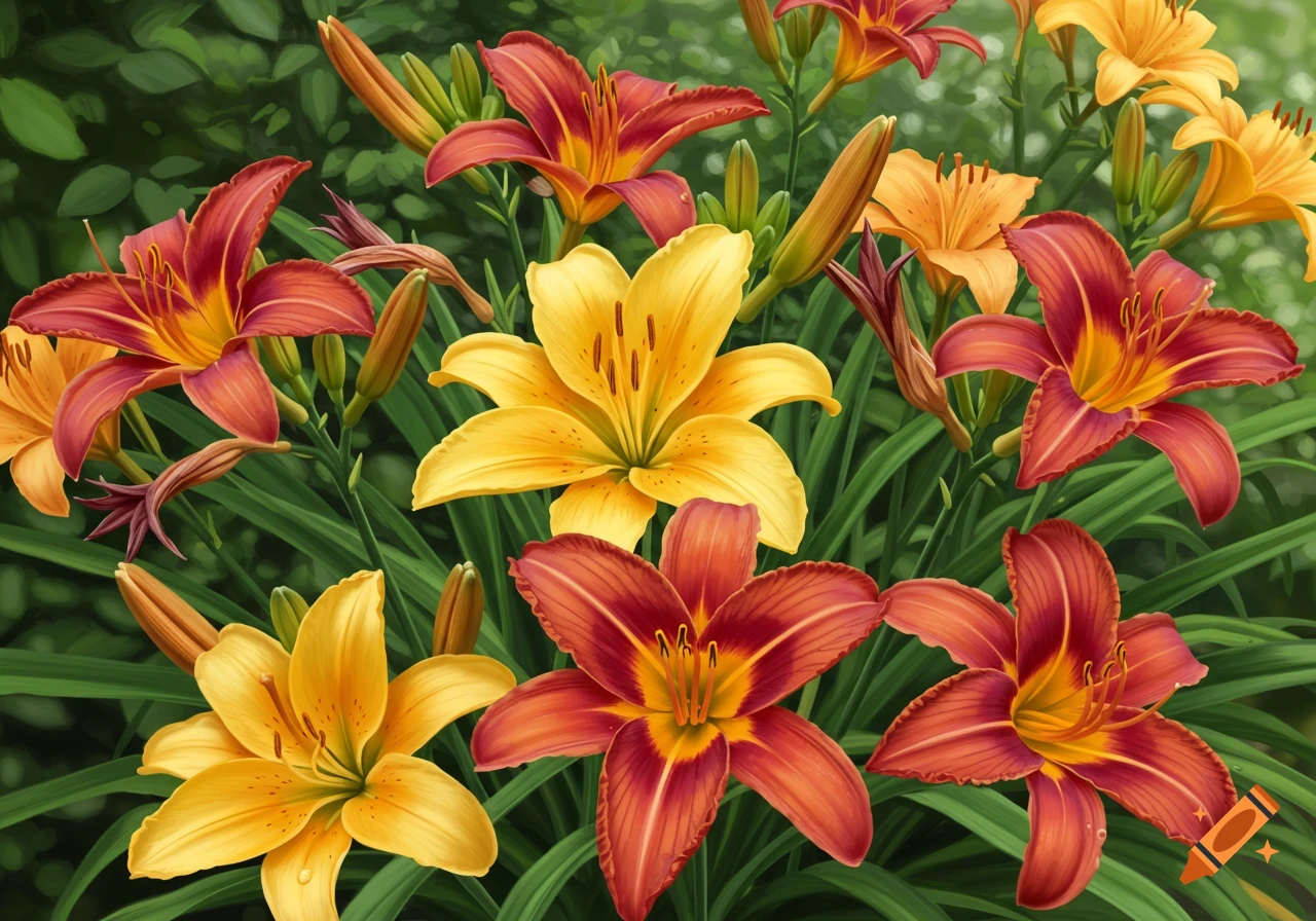 Close-up of vibrant yellow and red-orange day lilies in a garden, realistic painting style.